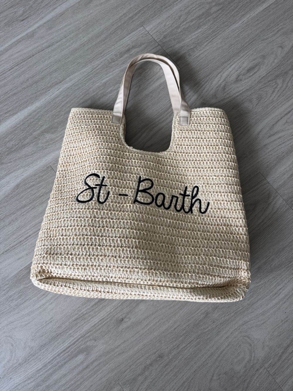St-Barth Natural Woven Tote Bag with Black Script